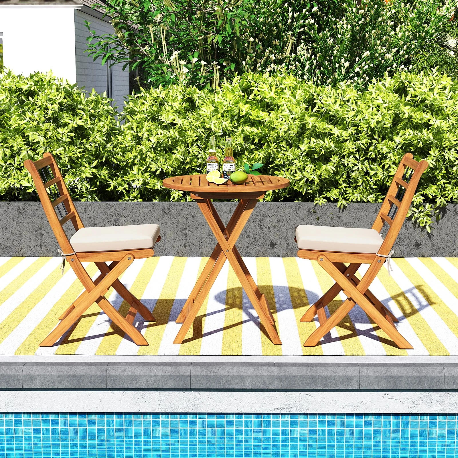 3 Pcs Acacia Wood Patio Bistro Set Folding Outdoor Table And Chairs With Cushions | Wayfair North America