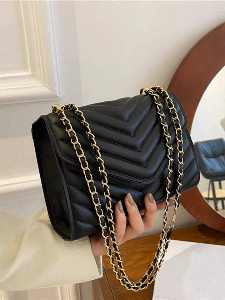 Fashionable Solid Color Women's Handbag,2024 New Style Pressed Texture, Chain Shoulder Bag, Small... | SHEIN