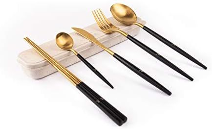 Oyizer Gold Flatware, 5 Piece 18/10 Stainless Steel Cutlery Silverware Matte Black Handle Includi... | Amazon (US)