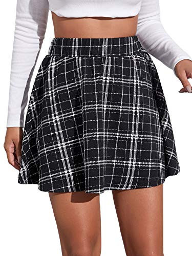 SweatyRocks Women's Casual High Waist Flared A Line Mini Skater Skirt Black White Plaid L | Amazon (US)