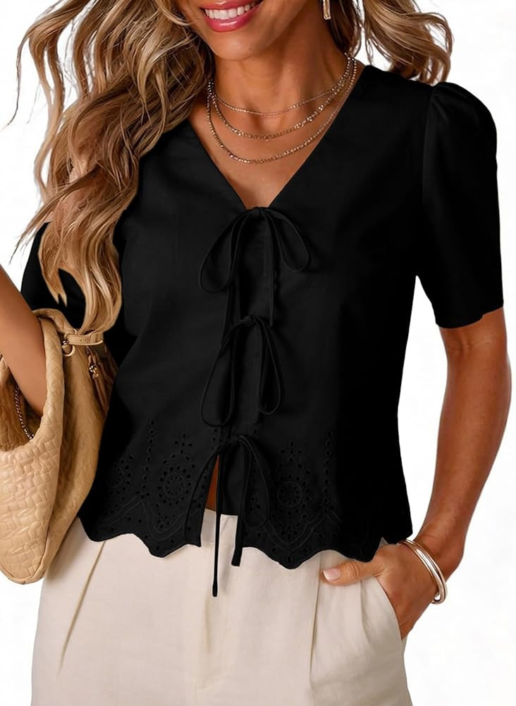 Dokotoo Womens Tie Front Tops Summer V-Neck Puff Short Sleeve Crop Tops Loose Fit Blouses Eyelet ... | Amazon (US)