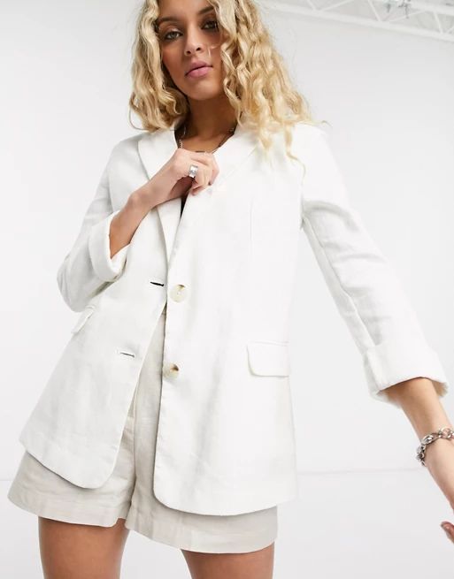 Bershka oversized linen blazer in white | ASOS (Global)