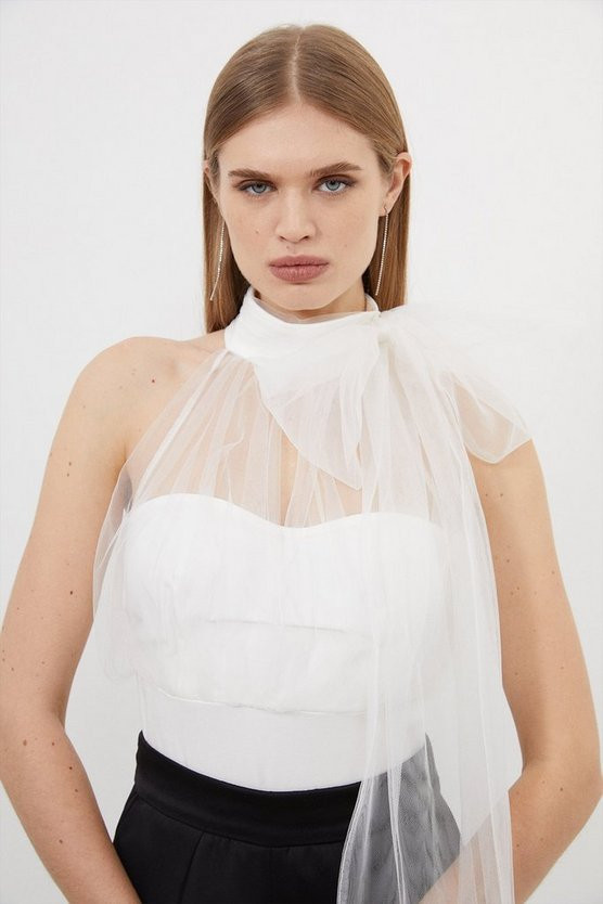 Bow Neck Tulle And Ponte Jersey Bodysuit | Karen Millen UK + IE + DE + NL