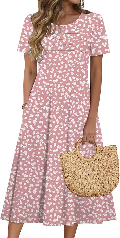 Zeagoo Womens Casual Dresses for Summer Short Sleeve Flare Midi Dress Loose Beach Sundress Pleate... | Amazon (US)