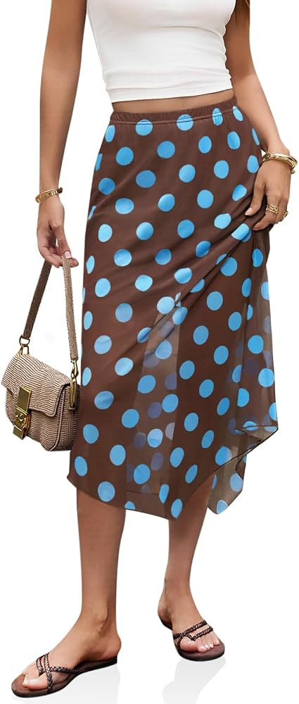Amazon.com: Cicy Bell Womens Summer Polka Dots Midi Skirt High Waisted Asymmetrical Hem Semi Shee... | Amazon (US)