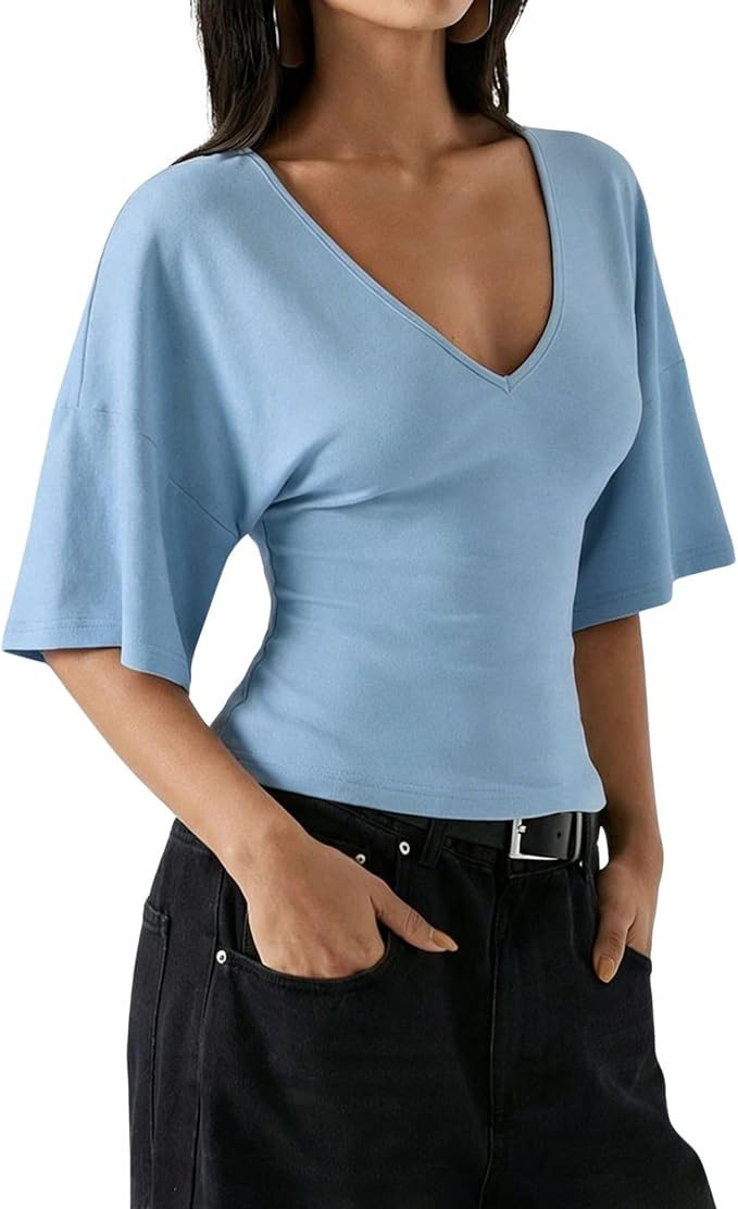 Women's Cinched Waist Wrap Top Deep V Neck Slim Fit Bell Short Sleeve Tee Shirt Casual Summer Blo... | Amazon (US)