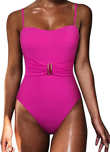 Hilor Strapless One Piece Bathing Suit for Women Hot Pink Belted Tummy Control Swimsuit Cute High Cut Monokini Swimwear 6 | Amazon (US)