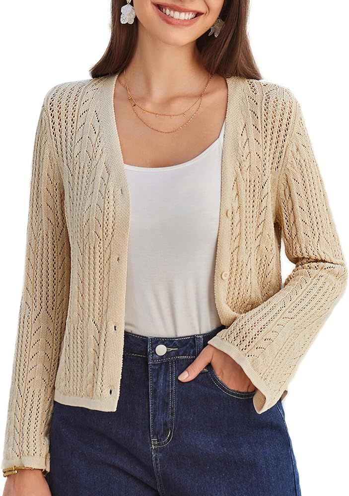 GRACE KARIN Womens Cropped Cardigan Lightweight Crochet Open Front Shrug Sweater Hollow Out V Nec... | Amazon (US)