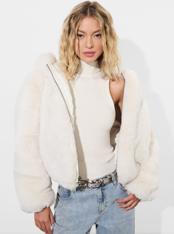 ROWE CROPPED FAUX FUR BOMBER JACKET WITH HOOD | Alice + Olivia