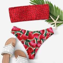 Watermelon Print Bandeau With Panty Bikini | ROMWE
