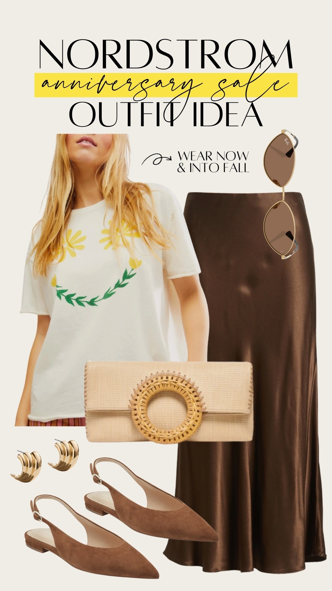 Boho outfit, transition from summer to fall. Graphic tee with brown satin midi skirt. Versatile bag that can be worn several different ways. Fun date night outfit. Nordstrom Anniversary Sale / NSale 2025

#LTKPetite #LTKSaleAlert #LTKStyleTip