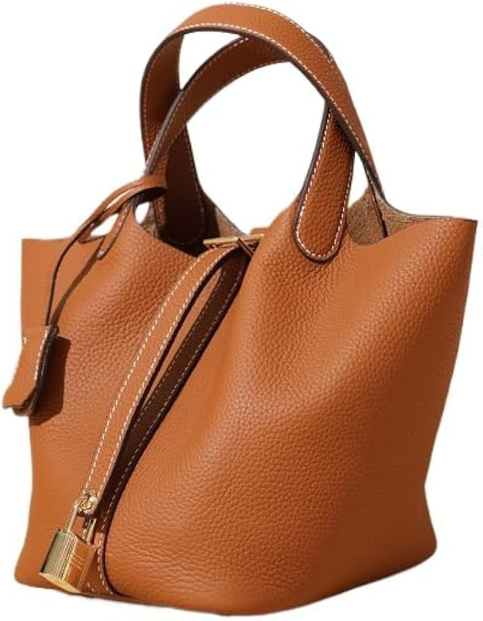 Genuine Leather Lock Design Bucket Bag Vegetable Basket, Fashionable and Versatile Shoulder Handb... | Amazon (US)