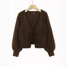 Women's Deep V-Neck Long Sleeve Tie Front Casual Loose Comfortable Cardigan , Brown Cardigans In Women | SHEIN