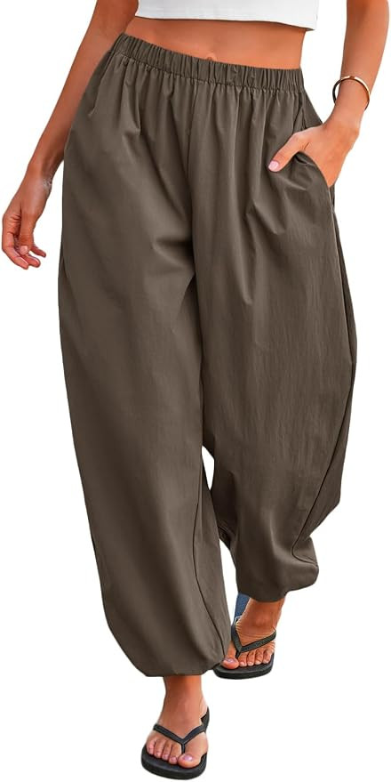 Tankaneo Womens Balloon Pants Trendy Casual Elastic Waist Wide Leg Harem Pants Baggy Pleated Lant... | Amazon (US)