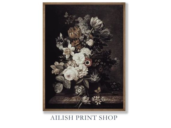 Moody Floral Still Life | Flower Painting, Rose Vintage Art Print, Antique Oil Painting, Printabl... | Etsy (US)