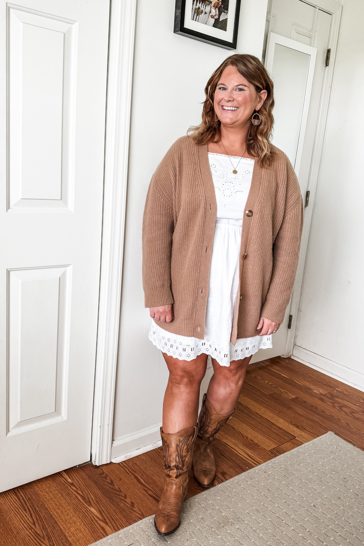 My white dress is old but I linked similar.   Cardigan is cashmere and from Quince.  An investment piece but very worth it!  Western boots are wide calf friendly but run a half size small!

#LTKStyleTip #LTKSeasonal #LTKMidsize