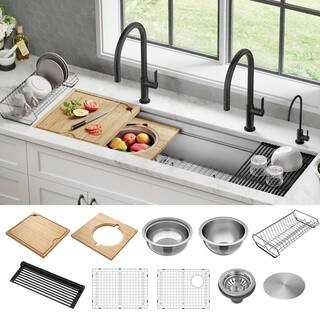 Kore 57 in. Undermount Single Bowl 16 Gauge Stainless Steel Kitchen Workstation Sink with 2-Tier ... | The Home Depot