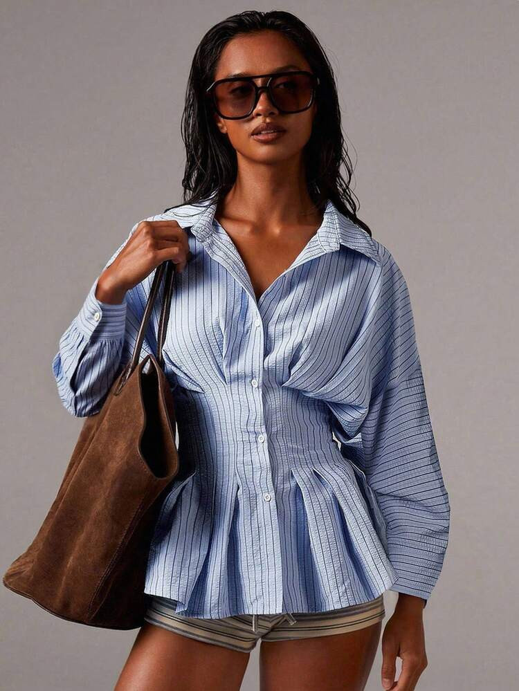Athîral Women's Sky Blue Striped Peplum Blouse | Structured Waist Ruffle & Tailored Collar For A Flattering Office-Ready Look,Peplum Blouse ,Office Wear,Striped Blouse,Workwear Style,Structured Shirt,Professional Wardrobe,Business Casual Woman,Wardrobe Basic,Casual Everyday Wear | SHEIN
