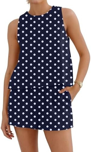 Ythomm Womens Polka Dot Two Piece Lounge Sets Summer Sleeveless Tops Drawstring Linen Shorts Matc... | Amazon (US)