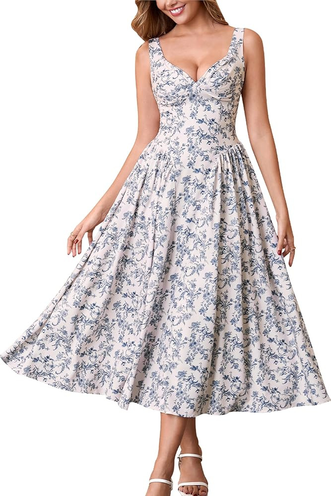 Auraxe Floral Corset Midi Dress V Neck Flowy Milkmaid Sundress Long Beach Wedding Guest Dresses f... | Amazon (US)