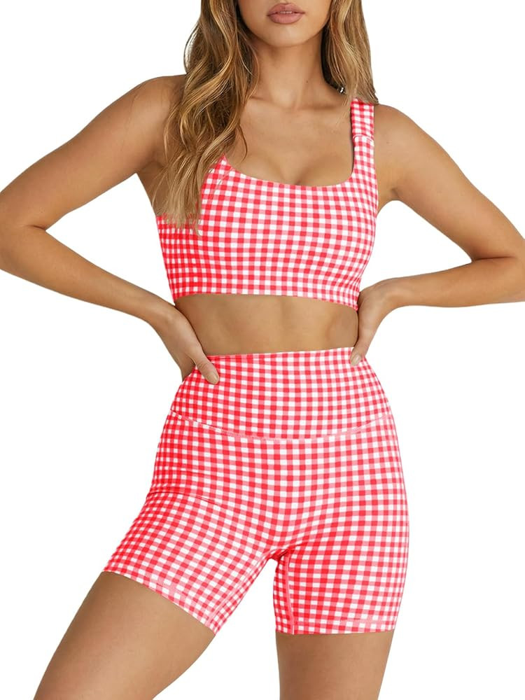 Aoysky Womens Workout Gingham 2 Piece Outfits Padded Open Back Crop Tank High Waist Sports Shorts... | Amazon (US)