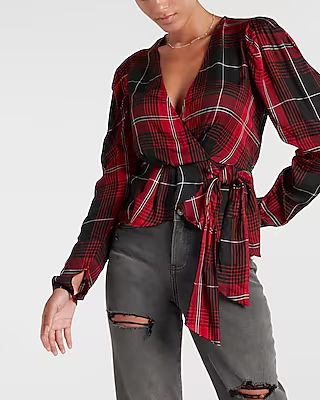 Plaid Wrap Front Bow Top | Express