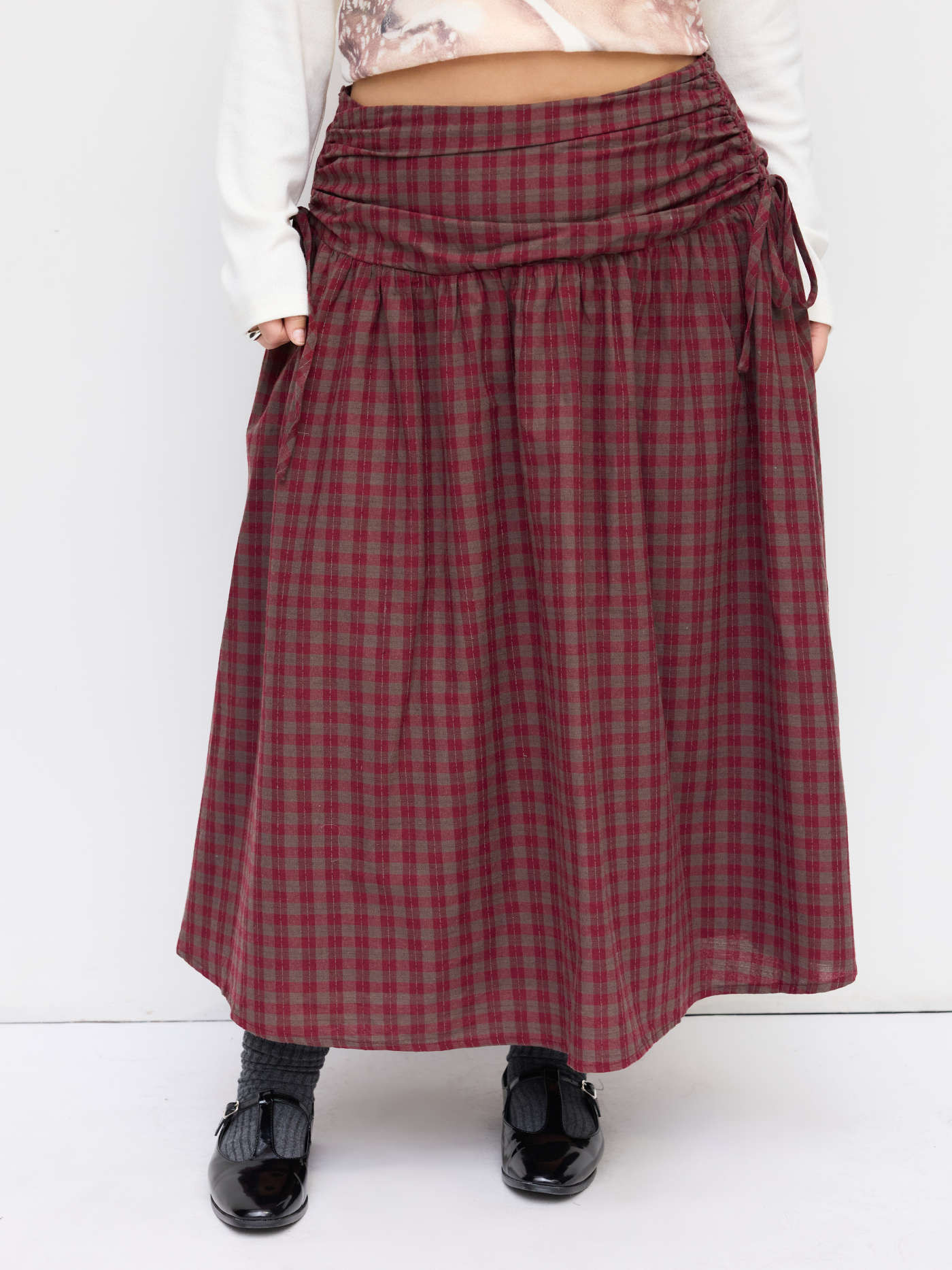 Woven Cotton Mid Rise Plaid Bowknot Ruched Maxi Skirt Curve & Plus | Cider