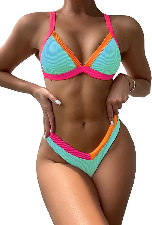 Romwe Women's 2 Piece Colorblock Triangle Bikini Set Contrast Binding Rib Knit Swimsuit Swimwear ... | Amazon (US)