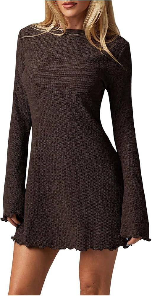 Feature: Lettuce trim, round neck, flare sleeves, long sleeve, mini length, casual dresses for wo... | Amazon (US)