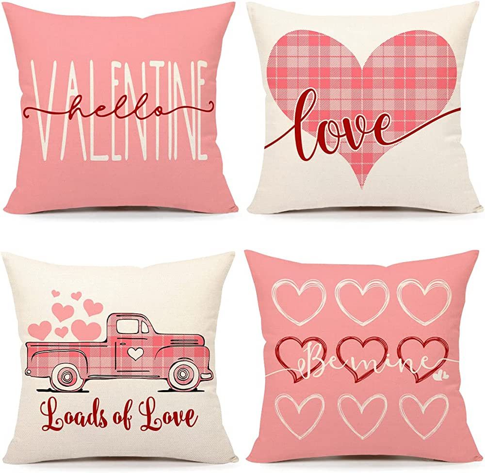 4TH Emotion Valentines Day Pillow Covers 18x18 Set of 4 Spring Farmhouse Decor Pink Truck with Lo... | Amazon (US)