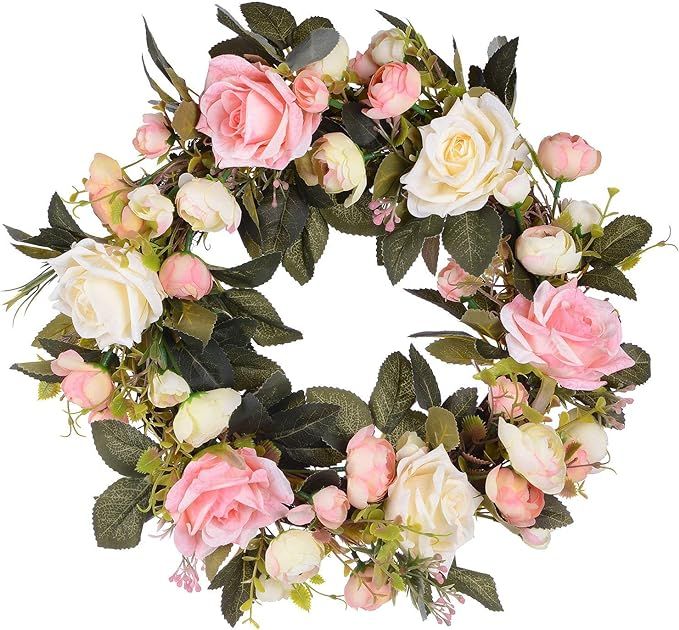Lvydec Artificial Rose Flower Wreath - Door Wreath 13 Inch Fake Rose Spring Wreath for Front Door... | Amazon (US)