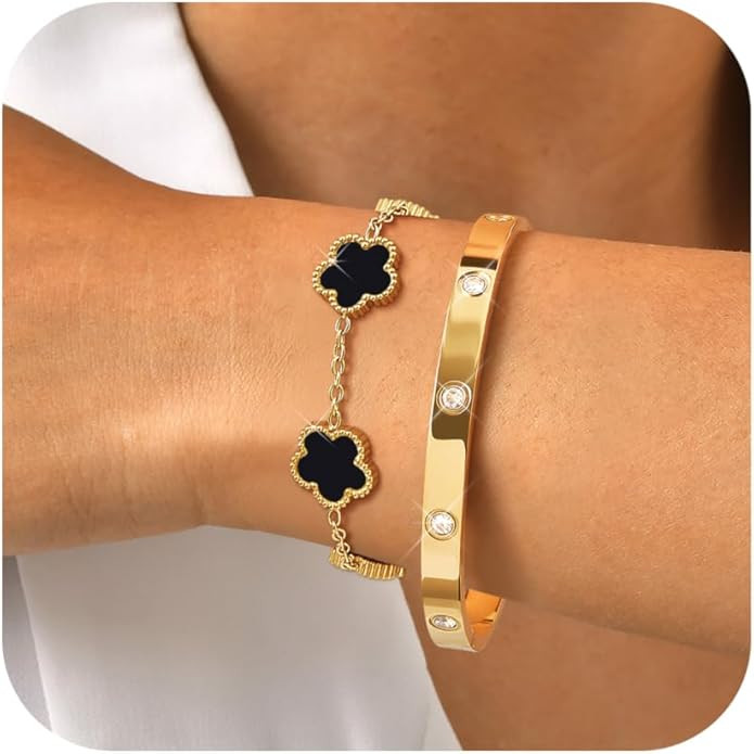 MPRAINBOW Womens Stackable Gold Bracelets Jewelry, 18K Gold Plated Floral Bracelet,Bangles Non Ta... | Amazon (US)