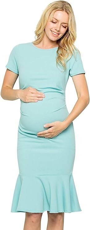 My Bump Maternity Midi Dress - Fitted Stretch Short Sleeves Mermaid Flare Ruffle | Amazon (US)