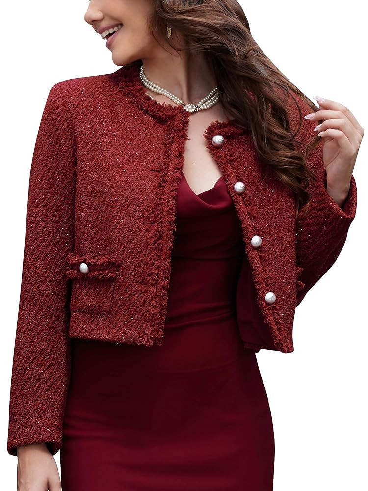 M.Infisavo Tweed Blazer Jackets for Womens with Pockets, Cropped Long Sleeve Open Front Collarles... | Amazon (US)