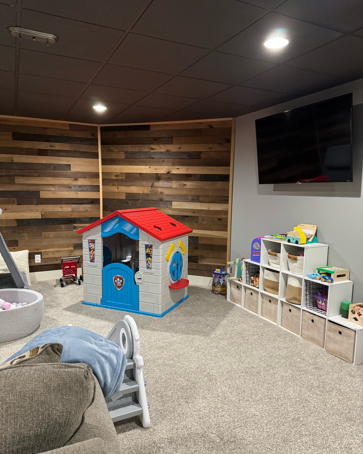Playroom. Basement playroom. Playroom organization. Home organization. Home storage solutions. Toddler playroom. Ball pit. Play house. Storage bins. Toddler slide. Toy storage. Baby room. 

#LTKKids #LTKHome #LTKBaby