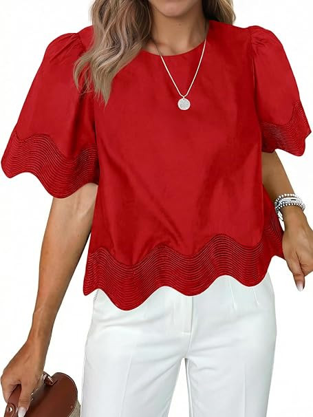 Tankaneo Womens Short Sleeve Crop Tops Summer Casual Scalloped Flowy Blouse Crewneck Ruffle Loose... | Amazon (US)
