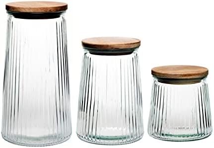 Amici Home Hawthorn Glass Canister, Storage Jar, Airtight, Ribbed Glass with Acacia Lid- Set of 3 | Amazon (US)
