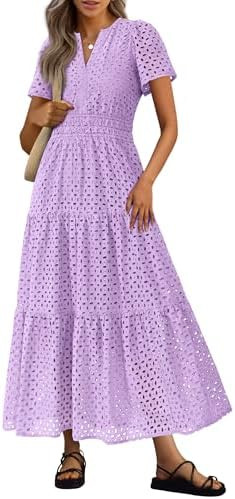 PRETTYGARDEN Womens 2026 Summer Maxi Dress Short Sleeve V Neck Hollow Out Eyelet A Line Long Flow... | Amazon (US)