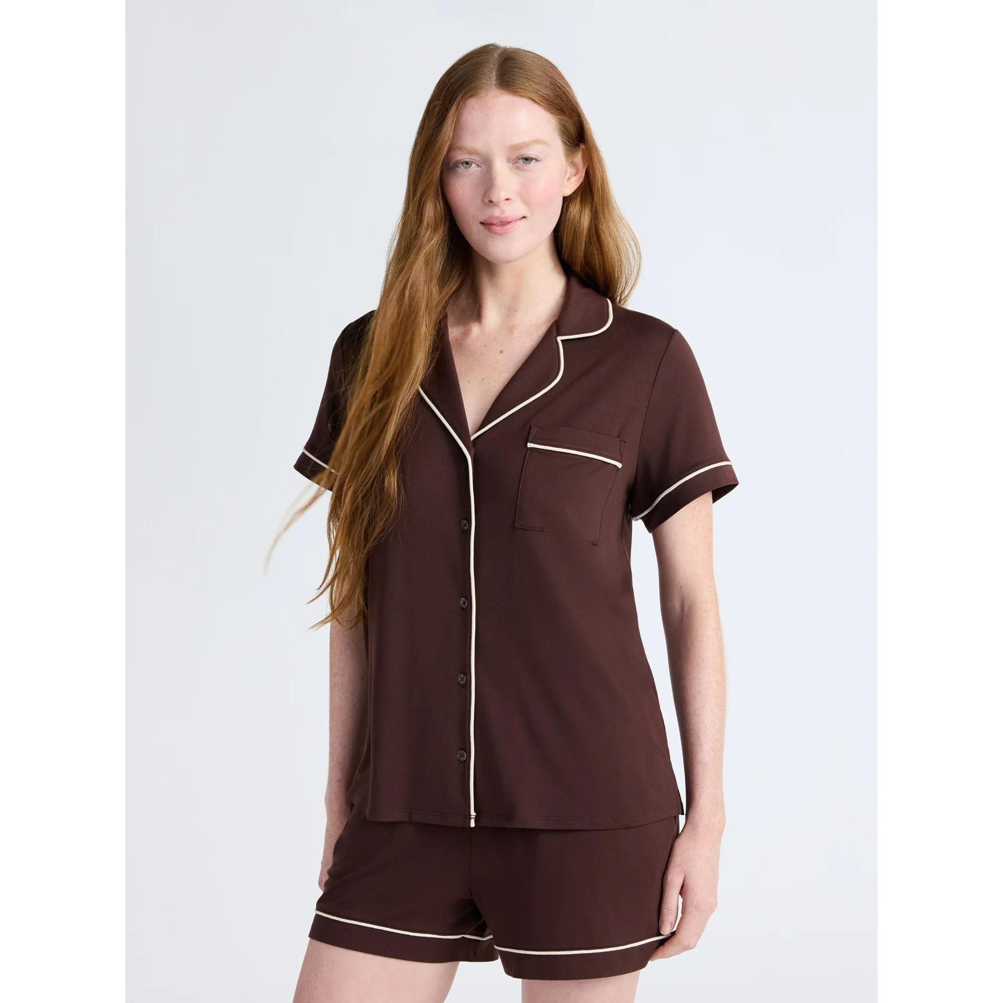 Joyspun Women’s Dreamy Soft Collection Notch Collar Knit Top and Boxer Shorts Pajama Set, Sizes... | Walmart (US)