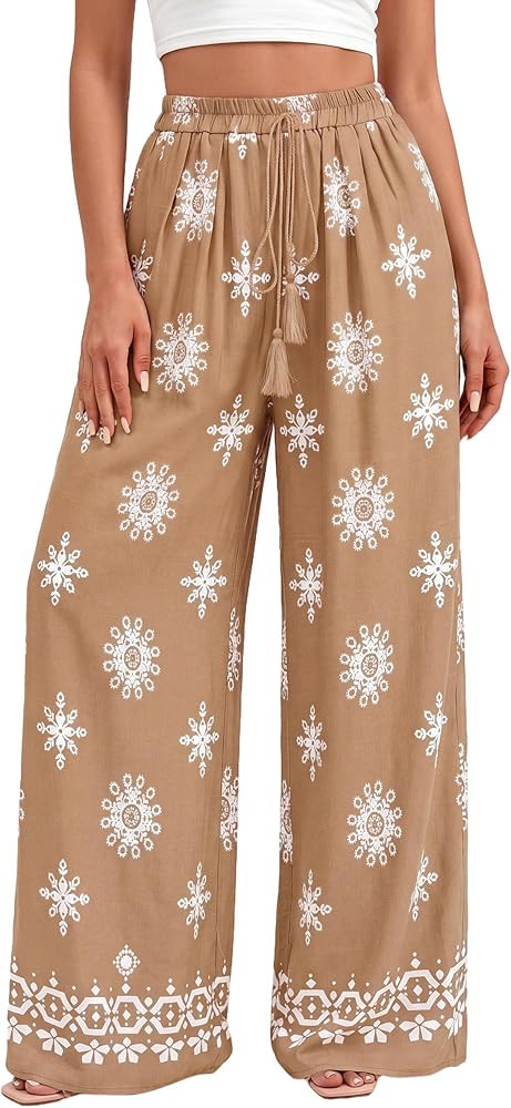 PRETTYGARDEN Women's Wide Leg Palazzo Pants 2026 Summer Boho Floral Trousers Spring Flowy Beach V... | Amazon (US)