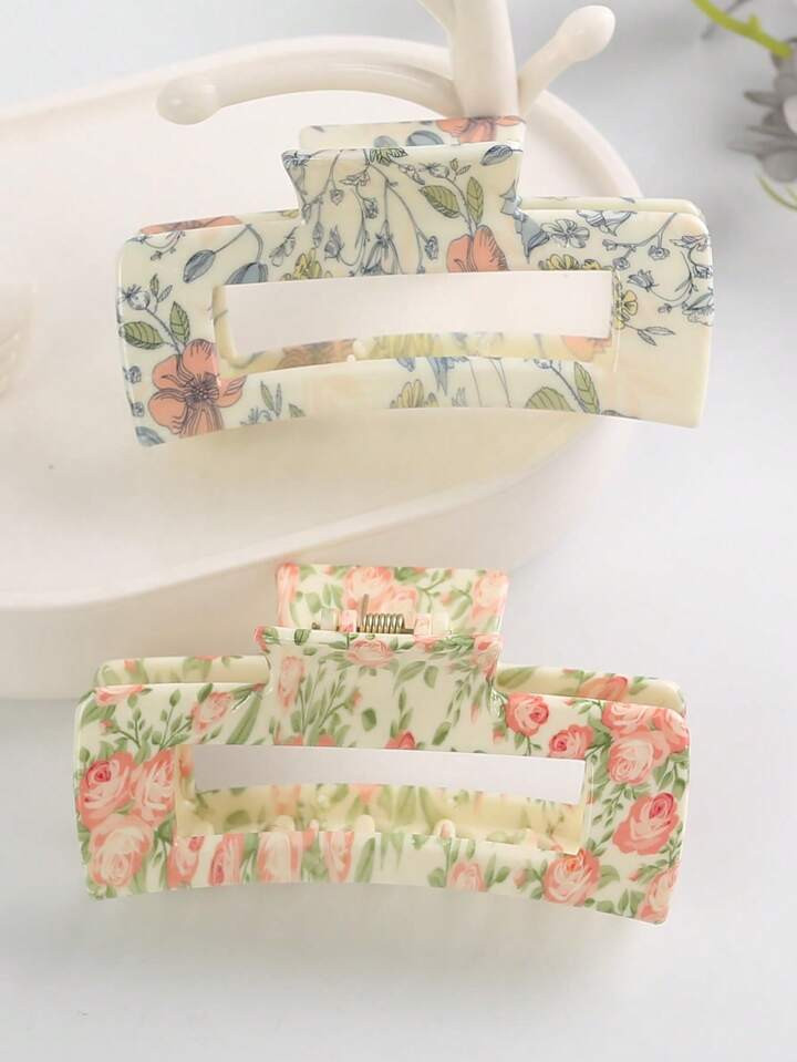 2pcs/set Lovely Floral Printed Hair Claw & Shark Clip Set For Daily Use | SHEIN
