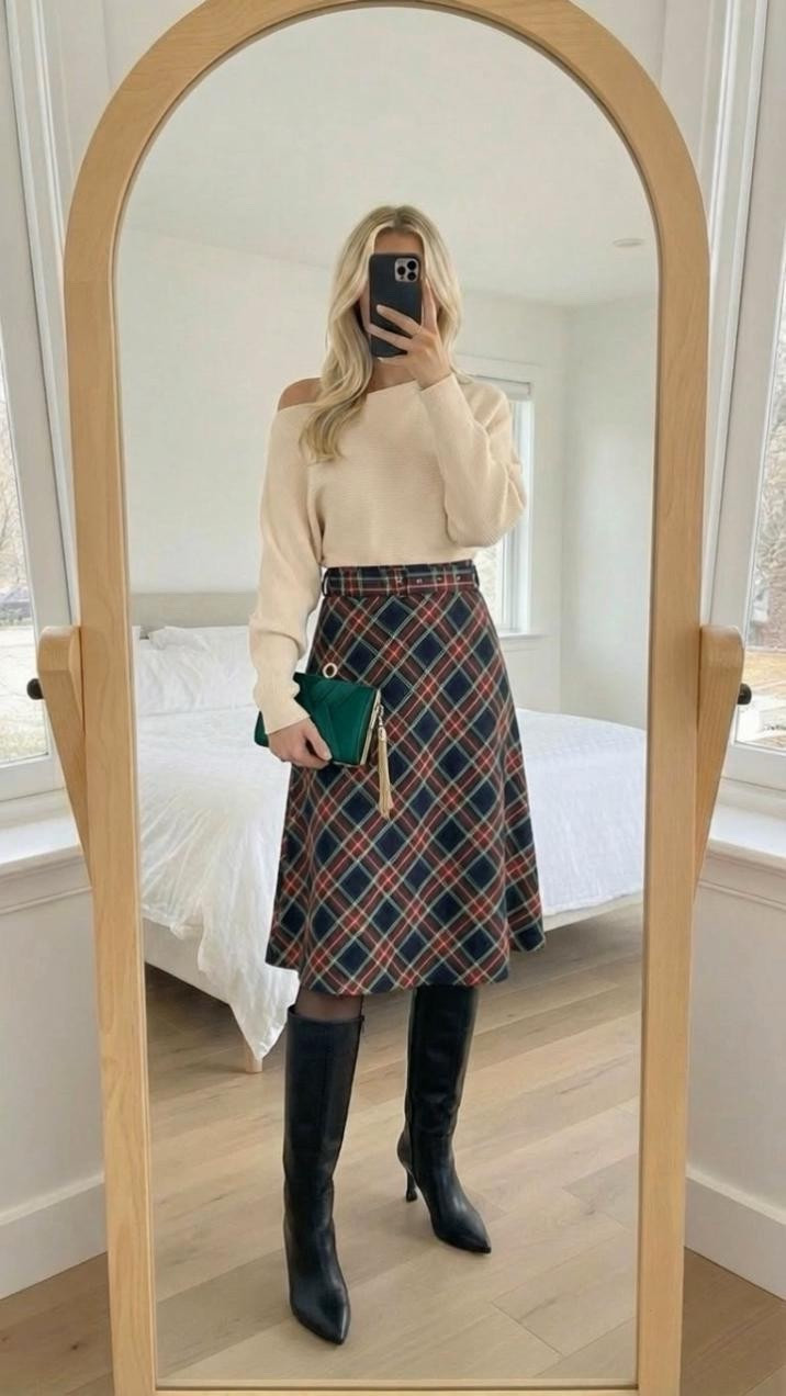 How cute is this look for a classic holiday outfit off the shoulder cream sweater is so pretty. I love this sweater. It comes in multiple different colors. It’s absolutely stunning with really anything. Then you can pair. This really cute plaid skirt. Perfect for the holidays and to keep you warm throw on some fleece line tights or regular tights and some knee-high boots and this green little clutch is so cute for the holidays

#LTKmorningroutine #LTKHoliday #LTKgrwm