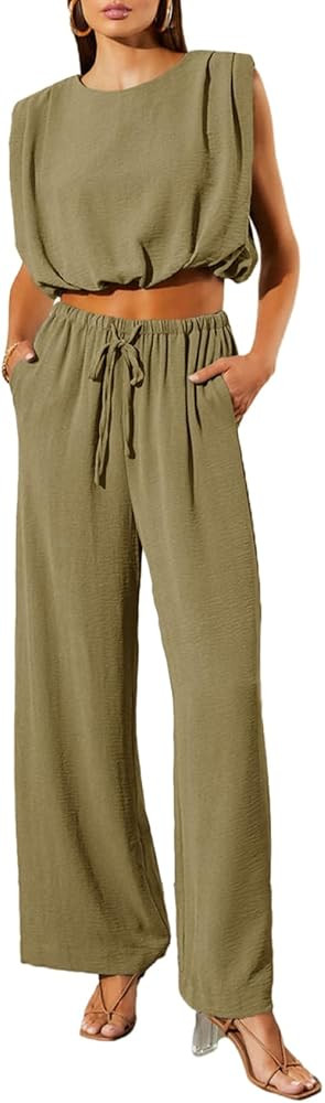 Dokotoo Summer 2 Piece Outfits for Women Sleeveless Crop Tank Tops and Wide Leg Pants with Pocket... | Amazon (US)