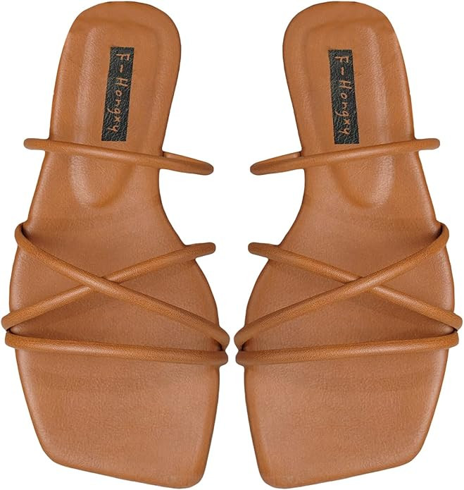 GORGLITTER PU Leather Flat Slip on Sandals Cross Strap Open Toe Summer Slide Sandals | Amazon (US)