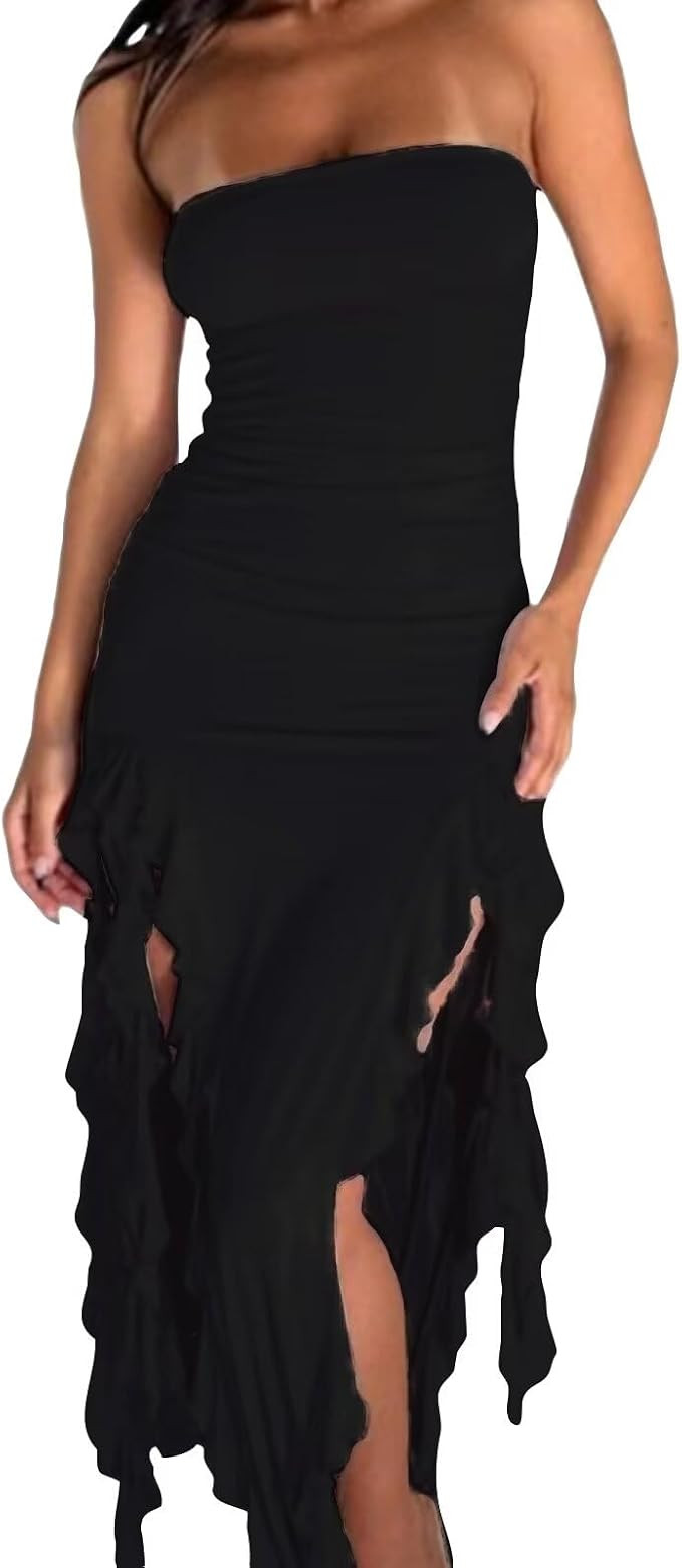 Women Ruffle Tube Dress Sexy Strapless Ruched Thigh Split Asymmetric Hem Tassel Midi Dresses | Amazon (US)