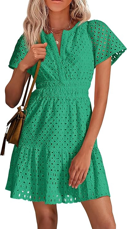 PRETTYGARDEN Womens 2026 Summer Short Dress V Neck Short Sleeve A Line Hollow Out Lace Cute Casua... | Amazon (US)