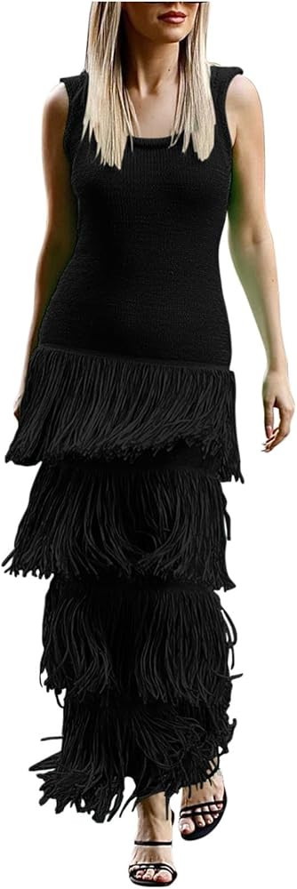 HGps8w Layered Fringe Trim Knitted Bodycon Maxi Dress for Women Sleeveless Casual 2025 Elegant Co... | Amazon (US)