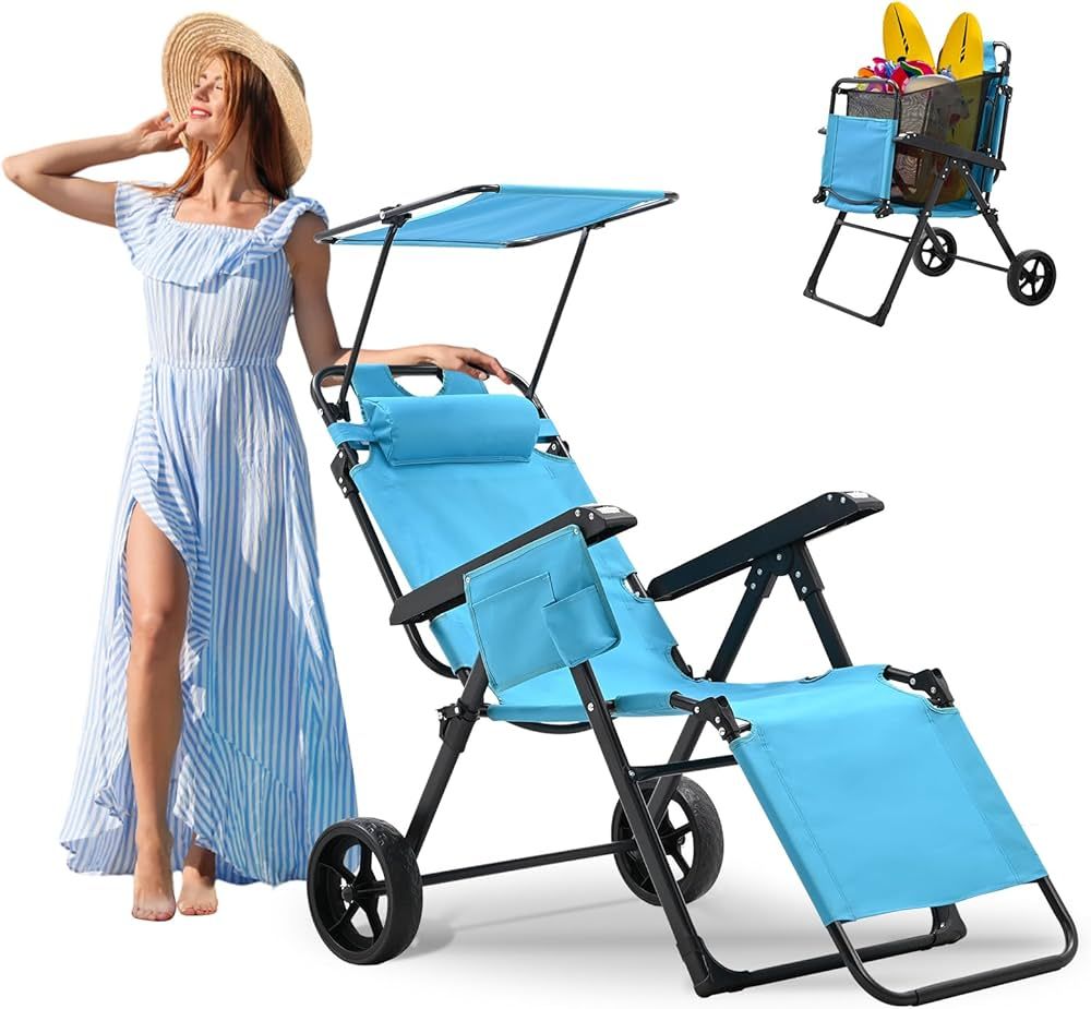 Beach Cart Chair, 2 in 1 Foldable Chaise Lounge Chair with Integrated Wagon Pull Cart Combination... | Amazon (US)