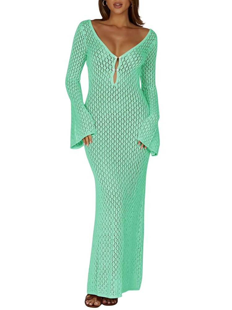 Saodimallsu Womens Crochet Maxi Cover Up Dress Beach Swim Vacation Coverups Long Sleeve Sexy Body... | Amazon (US)