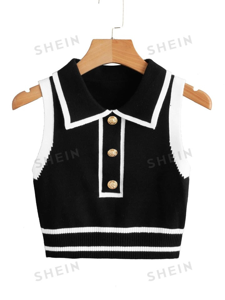 SHEIN EZwear Button Front Striped Trim Sweater Vest | SHEIN USA | SHEIN